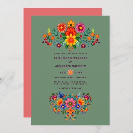 Cactus Green & Coral Rose Folk Art Fiesta Wedding Einladung (Vorne/Hinten)