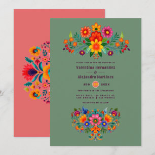 Cactus Grün & Korallenrose Folk Art Fiesta Hochzei Einladung