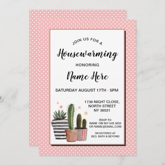 Cactus Housewarming Party Polka Dots Hübsch Einlad Einladung (Vorne/Hinten)