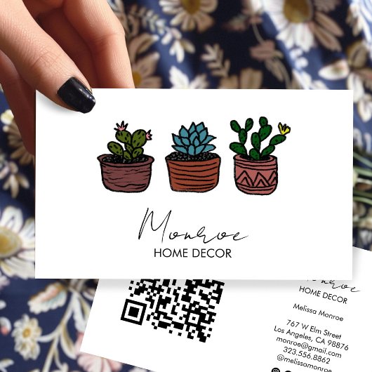 Cactus Illustration Boho Doodle QR Social Icons Visitenkarte