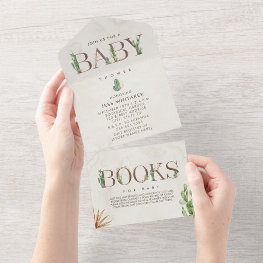 Cactus Lettering Book Request Baby Shower All In One Einladung (Abreißen)