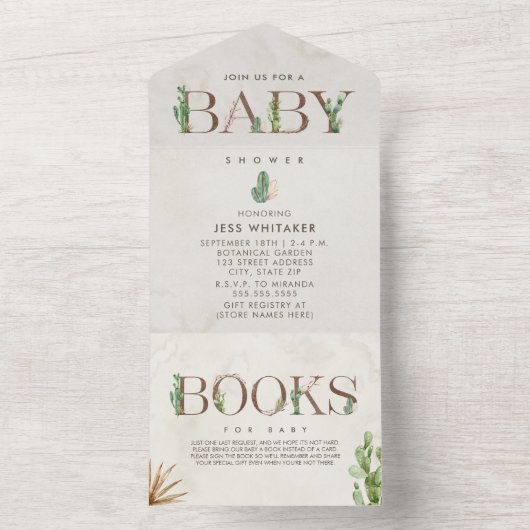 Cactus Lettering Book Request Baby Shower All In One Einladung (Innen Boden)