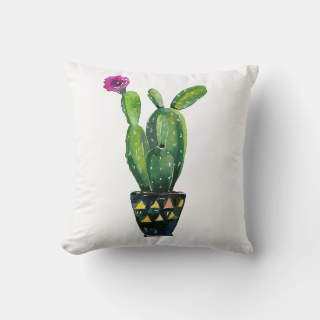 Cactus Lila Floral Watercolor Südwest Boho Kissen (Vorderseite)