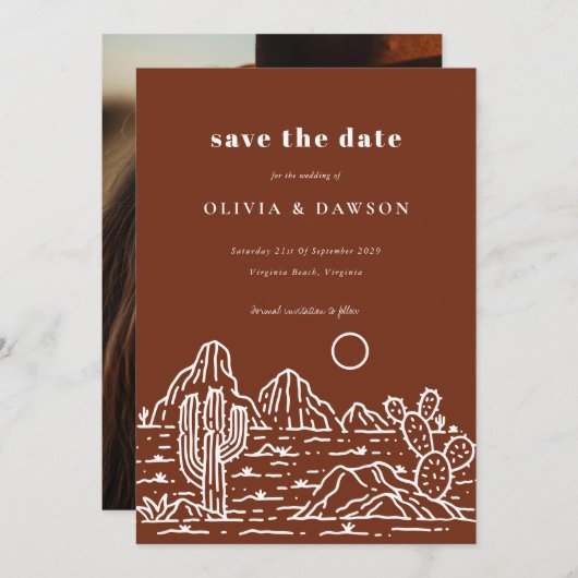 Cactus Line Art Desert Foto Save the Date Einladung (Vorne/Hinten)
