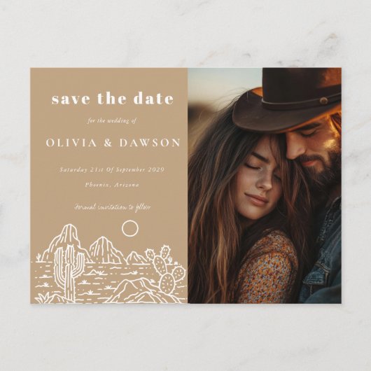 Cactus Line Art Desert Foto Save the Date Postkarte (Vorderseite)