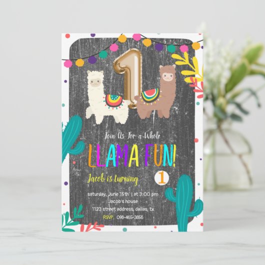 Cactus Llama Fun 1. Geburtstag Einladung (Stehend Vorderseite)