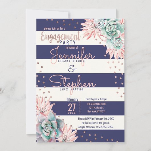 Cactus Navy Stripes Rose Gold Engagement Party Einladung (Vorderseite)