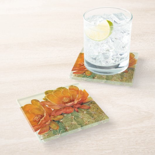 Cactus Orange Blossoms Glasuntersetzer (Schrägansicht)