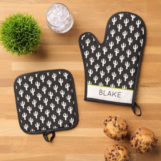 Cactus Pattern Black NAME Desert Südwest Fun Ofenhandschuh & Topflappen-Set (Oben Unten)
