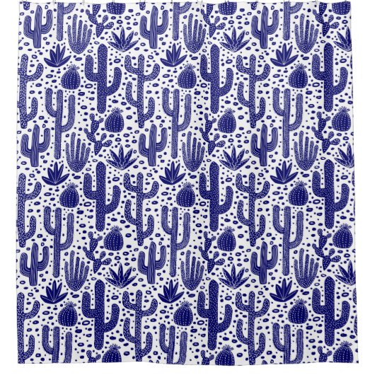 Cactus Pattern - Dunkelblau und Weiß Duschvorhang (Vorderseite)