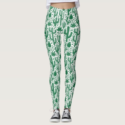 Cactus Pattern - Forest Green und White Leggings (Vorderseite)
