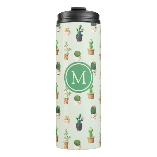 Cactus Pattern Mint Green Monogram Thermosbecher (Vorderseite)