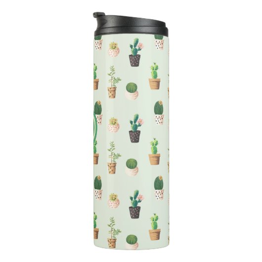Cactus Pattern Mint Green Monogram Thermosbecher (Nach rechts gedreht)
