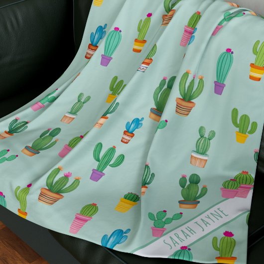 Cactus Pattern Pflanze Mama Name Green Fleece Blan