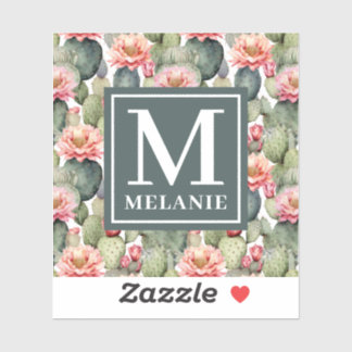 Cactus Pattern Pink Blume Monogramm Aufkleber