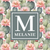 Cactus Pattern Pink Blume Monogramm Aufkleber (Vorderseite)