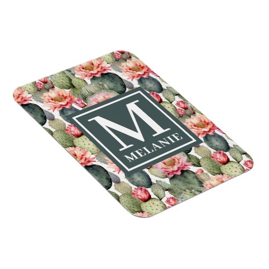 Cactus Pattern Pink Blume Monogramm flexibel Magnet (Rechte Seite)