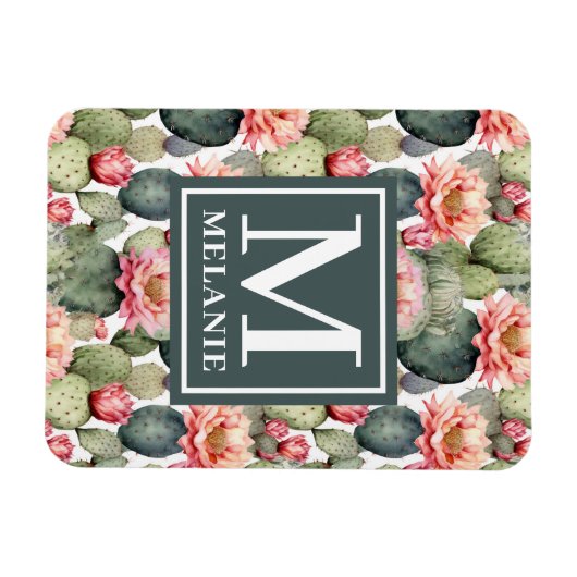 Cactus Pattern Pink Blume Monogramm flexibel Magnet (Horizontal)