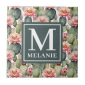 Cactus Pattern Pink Blume Monogramm Fliese (Vorderseite)