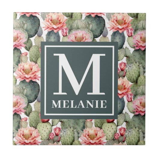 Cactus Pattern Pink Blume Monogramm Fliese (Vorderseite)