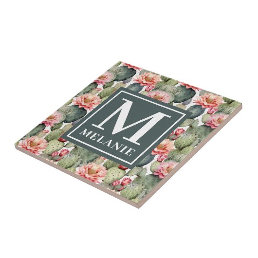 Cactus Pattern Pink Blume Monogramm Fliese (Seite)