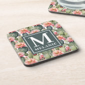 Cactus Pattern Pink Blume Monogramm Getränkeuntersetzer (Linke Seite)
