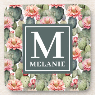 Cactus Pattern Pink Blume Monogramm Getränkeuntersetzer