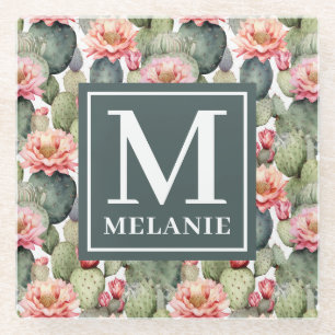 Cactus Pattern Pink Blume Monogramm Glasuntersetzer