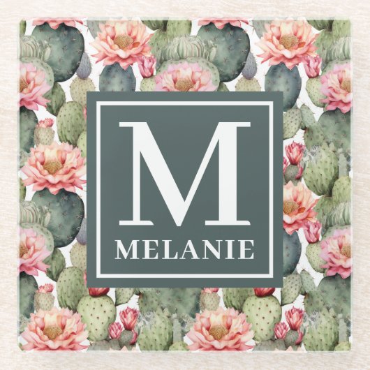 Cactus Pattern Pink Blume Monogramm Glasuntersetzer (Vorderseite)