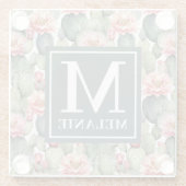 Cactus Pattern Pink Blume Monogramm Glasuntersetzer (Rückseite)