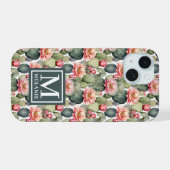 Cactus Pattern Pink Blume Monogramm iPhone 15 Hülle (Rückseite (Horizontal))