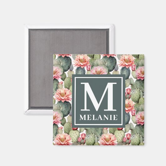 Cactus Pattern Pink Blume Monogramm Magnet (Vorderseite/Rückseite)