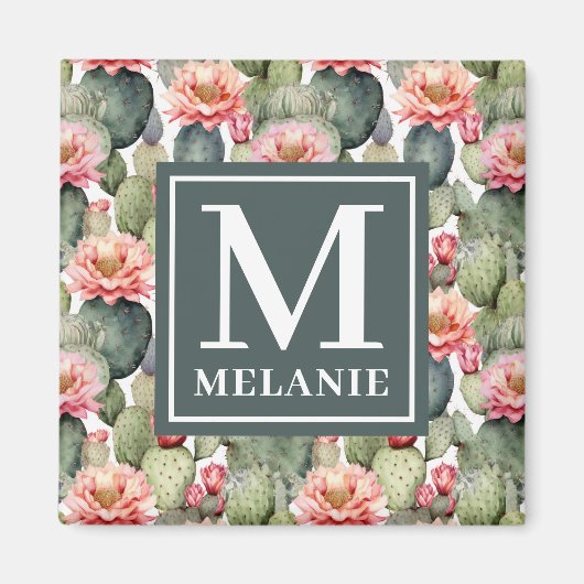 Cactus Pattern Pink Blume Monogramm Magnet (Vorne)