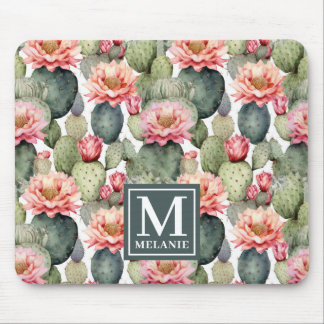 Cactus Pattern Pink Blume Monogramm Mousepad