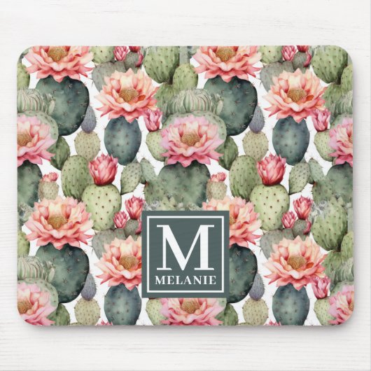 Cactus Pattern Pink Blume Monogramm Mousepad (Vorne)