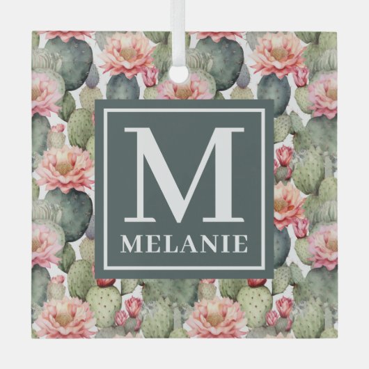 Cactus Pattern Pink Blume Monogramm Ornament Aus Glas (Vorderseite)
