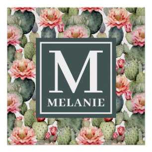 Cactus Pattern Pink Blume Monogramm Poster