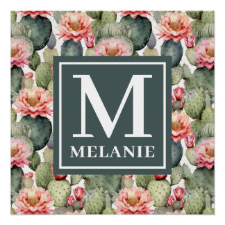 Cactus Pattern Pink Blume Monogramm Poster
