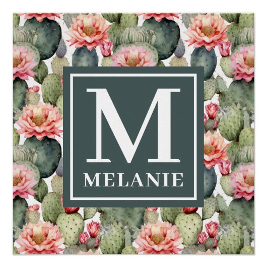 Cactus Pattern Pink Blume Monogramm Poster (Vorderseite)