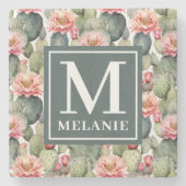 Cactus Pattern Pink Blume Monogramm Steinuntersetzer (Vorderseite)