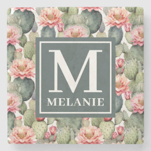 Cactus Pattern Pink Blume Monogramm Steinuntersetzer
