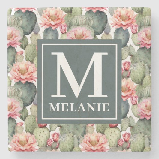 Cactus Pattern Pink Blume Monogramm Steinuntersetzer (Vorderseite)