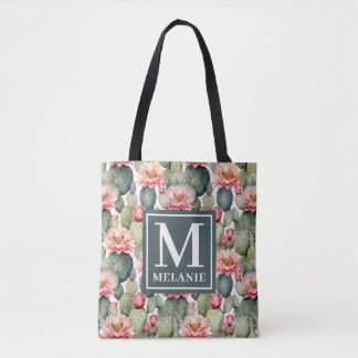 Cactus Pattern Pink Blume Monogramm Tasche