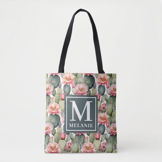 Cactus Pattern Pink Blume Monogramm Tasche (Vorderseite)
