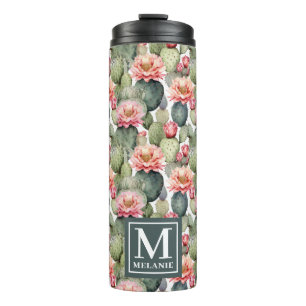 Cactus Pattern Pink Blume Monogramm Thermosbecher
