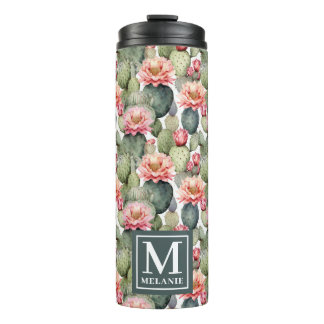 Cactus Pattern Pink Blume Monogramm Thermosbecher
