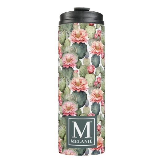 Cactus Pattern Pink Blume Monogramm Thermosbecher (Vorderseite)