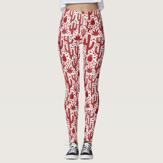 Cactus Pattern - Ruby Red und White Leggings (Vorderseite)