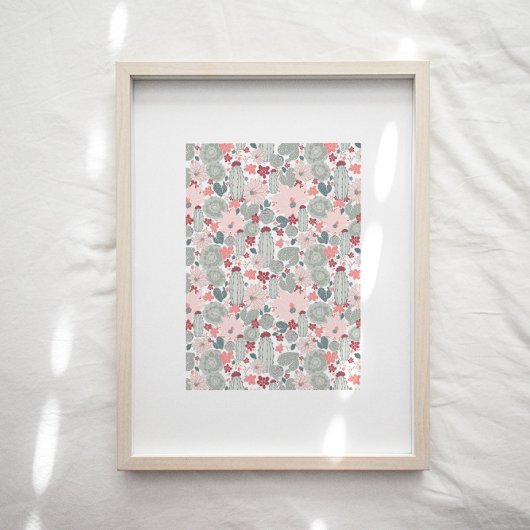 Cactus Pink Green Floral Pattern Art Print Poster