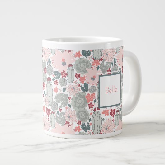 Cactus Pink Mint Succulents Pattern mit Namen Jumbo-Tasse (Vorderseite Rechts)